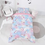 INTOMENG Housse De Couette 140×200 Enfant Rose Bleu Fille avec 1 Taie Oreiller 65x65cm Parure De Lit 1 Personnes 3D La Licorne Le Rainbow ModèLe De Nuage Automne Hiver Housse Couette en Microfibre