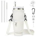 WHENZOO Water Bottle Carrier Bag, Water Bottle Holder for 40oz Stanley Cup, Adjustable Water Bottle Pouch with 2 Straw, Straw Brush, Straw Cover, Leak Proof Stopper, Carabiner Clip (Vanilla White)