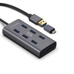 PROMATE Powered USB Hub with 7x USB 3.0 Ports Plus Additional USB-C Adaptor, Aluminium Alloy, Up to 5 Gbps Transfer Rate, Data and Charge. Grey Colour. (p/n: EZHUB-7.GRY)