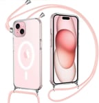 Magnétique Coque Pour Iphone 15 Avec Cordon, Silicone Étui Compatible Avec Magsafe, Housse Transparente Avec Collier Antichoc Etui Pour Iphone 15, Bandoulière, Rose