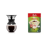 BODUM Pour Over Coffee Maker with Filter, Borosilicate Glass - 1.0 L, Black & Melitta 6658076 Pack Original Size 1x4, 80, Filter Coffee Makers, Brown, Paper