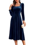 Berylove Robe festive à manches longues pour femme - Élégante - En velours - Pour mariage, fête, bal de fin d'année, cocktail, bleu marine, M