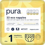 Pura Baby Nappies Size 1 (Newborn 2-5kg / 4-11 lbs) 1 Pack of 22 Nappies, New Baby, Allergy UK Approved, Made with Organic Cotton, Wetness Indicator, Tiny Small Baby