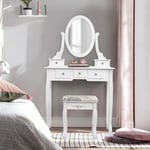 Coiffeuse avec Miroir et tabouret coiffeuse - 5 tiroirs, 1 miroir rond, Cadeau, pour Chambre, Style Moderne - Blanc - Blanc