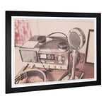 Big Box Art Framed Print of Vintage Retro Radio and Microphone Design | Wall Art Picture | Home Decor for Kitchen, Living Room, Bedroom, Hallway, Black, A2 / 24.5x18 Inch / 62x45cm