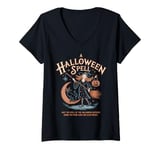 Womens Halloween Witch Cat Broom Spell Magic Moon Retro Vintage V-Neck T-Shirt