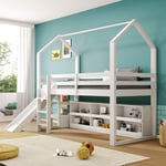 Lit enfant 90x200 cm, lit simple, lit mezzanine avec toboggan + meuble de rangement + étagère de rangement, bois + MDF, sans matelas, blanc