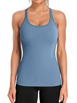 ATTRACO Ladies Gym Top Womens Running Vest Workout Tank Tops with Built in Bras Shirts Sport Vest Yoga Tops Blue S