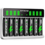 BATZONE 8 Bays Battery Charger with 8 x AA Batteries, Intelligent LCD Screen Battery Charger, for NI-MH/NI-CD Batteries, Individually Charger for AA AAA Rechargeable Batteries