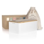 LARS NYSØM Bread Bin I Metal bread box with linen bread bag for long lasting freshness I Bread bin with bamboo lid usable as cutting board I 13.4x7.3x5.3 In (Pure White)