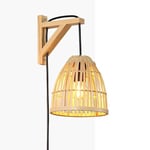 B·LED BARCELONA LED BarcelonaLED Applique murale équerre en bois avec panier en bambou en osier avec câble prise et interrupteur Portalampara Noir E27 pour salon Table de chevet Tête de lit