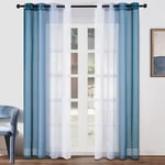 Topfinel 2 Panneaux Rideaux Voilage Bleu Canard et Blanc Couleur Dégradée pour Chambre Enfant Fille Salon Maison Fenêtre Balcon Rideau Transparent à Oeillets Voilages Intérieur, 140x225cm(L x H)