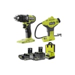 Perceuse-visseuse à percussion Ryobi 18V One+ Brushless - Batteries 2,0 et 4,0Ah - Chargeur - Compresseur offert