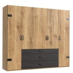 Armoire PORTLAND style industriel 250 cm 5 portes chêne poutre / graphite