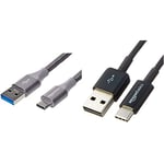 Amazon Basics Câble en nylon à double tressage USB de type C vers port de type A 3.1, 1e génération, mâle, 1,8 m, Gris foncé & Câble USB Type-C vers USB-A 2.0 mâle - Couleur Noir, 1.8 m