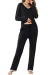 Lovasy Pyjama Femme Coton Long Ensemble de Pyjama Sexy Hiver Grande Taille Pyjamas Deux Pièces Col en V Manches Longues Vêtement de Nuit avec Poches,C Noir,M