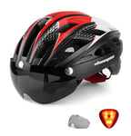 Shinmax Casque de Vélo avec Éclairage LED, Casque Velo pour Homme Femme Casque Vélo avec Lunettes Magnétique Amovible Visiere Casque VTT et VTC avec Éclairage de Sécurité Casque Cyclisme Route NR-096