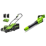 Greenworks Tondeuse à gazon à batterie2x24V 36cm GD24X2LM36K2xavec batterie 2x2Ah et chargeur à double fente et outil de souffleur de feuilles axial 2x24V GD24X2AB uniquement