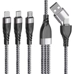 1.2m Nylon Braided Multi Charger Cable 5 in 1 Multi USB A/C Fast Charging Cable with Micro USB Type C Connector for Phone 15 14 13 12 11 X 8 Samsung Android