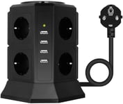 8-pistorasian Power Strip Tower (2500W/10A), 4 USB-latausporttia (5V/4.5A), ylijännitesuoja, musta