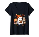 Womens Cute Ghost Reading Book Lovers Halloween Ghost Coffee Women V-Neck T-Shirt