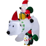 Père Noël Gonflable sur l'ours Polaire Tête Oscillante 210 cm, avec Pingouin Sacs-Cadeaux et Boîte-Cadeau, Décoration de Noël Gonflable Lumineuse