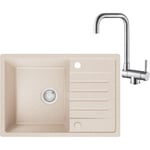 Evier Cuisine 1 Bac avec Egouttoir + Mitigeur Cuisine Rabattable 65 x 45 cm, Evier Gris en Granit, Lavabo Cuisine 1 bac, Évier Cuisine avec Siphon