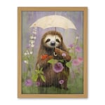 Artery8 Picking Flowers in the Rain Oil Painting Cute Sloth with an Umbrella in a Wildflower Meadow Kids Bedroom Artwork Framed Wall Art Print 18X24 Inch