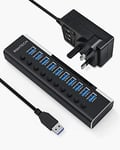 Powered USB 3.0 Hub RSHTECH 10 Port Aluminum USB 3.0 Data Hub Splitter with Ind