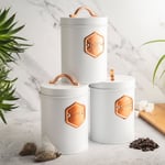 Tea Coffee & Sugar Canisters Bin Jar Storage 3pc White/Copper Cooks Professional