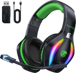 ¿2024 Nouveau¿FC100 Casque de Jeu sans Fil - 2,4 GHz et Casque Bluetooth avec Microphone - Son stéréo 3D et autonomie de 50 Heures - pour PS5/PS4/PC/tablettes/Switch/smartphones, Vert-Noir