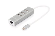 DIGITUS USB 2.0 Typ-C 3-Port Hub & Fast Ethernet LAN Adapter, 3X USB A/F, 1x RJ4