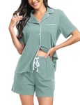 Lovasy Pyjama Coton Femme Short Ensemble Pyjamas Légers Col V Manches Courtes Chic Été 2 Pièces Vêtements de Nuit Court Boutonnée A Vert Clair S