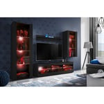 Ensemble de Meubles Tivoli Medio, Noir/Noir, Largeur 245cm x Hauteur 159cm x Profondeur 35cm, led rgb, 3 étagères, pour Salon, Chambre, Entrée