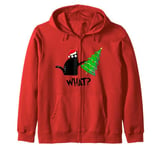 Funny Black Cat Gift Pushing Christmas Tree Over Cat What? Zip Hoodie