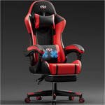 HLONONE Chaise Gaming Massante, Siège de Bureau réglable, Chaise Gamer avec Coussin Lombaire Massant et Repose-Pieds, Noir et Rouge