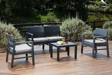 Dmora - Ensemble de salon d'extérieur Carpi, Composition de jardin avec 2 fauteuils, 1 canapé et 1 table basse, Salon effet rotin avec coussins, 100% Made in Italy, Anthracite