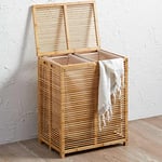 Bakaji Dirty Bamboo Laundry Basket with Grey Fabric for Home Bathroom with 2 Compartments Space Saving Storage Box with Lid and Extendable Bag, 50 x 35 x 60 cm