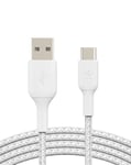 Belkin BoostCharge Braided USB C charger cable, USB-C to USB-A cable, USB type C charging cable for iPhone 16, 15, Samsung Galaxy S24, S23, Pixel, iPad, MacBook, Nintendo Switch and more - 2m, White