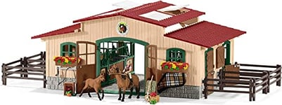 schleich 42195 FARM WORLD – Écurie avec chevaux et accessoires, coffret de 96 pièces avec 2 chevaux, figurine de cavalier et accessoires de ferme, jouets animaux de la ferme pour enfants dès 3 ans