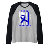 Irritable Bowel Syndrome IBS Warrior Blue Ribbon USA Flag Raglan Baseball Tee