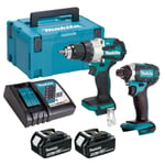 Makita 18V DHP489Z Combi Drill & DTD152Z Impact Driver 2 x 5.0Ah Battery Charger