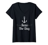 Womens Seas The Day Anchor Distressed Nautical Boat Cruise T Shirt V-Neck T-Shirt