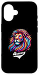 Coque pour iPhone 16 Lion coloré avec inscription « Bravery »