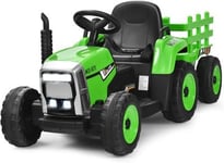 Tracteur Electrique Enfant avec Remorque Batterie 12V Roue Motrice Arriere et Phare LED Musique Ceinture de Securite Vert