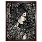 Woman with Crow in a Field Black and White Linocut Art Print Framed Poster Wall Decor 12x16 inch