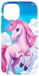 iPhone 15 Pink Unicorn with Clouds and a Bright Rainbow Case