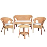 Salon de Jardin Mandoline Naturel Sofa 2 Fauteuils + Table Oreillers Cadeau