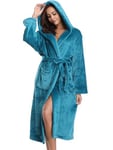 Vlazom Robe de Chambre Polaire Femme, Peignoir Polaire à Capuche Femmes Chaude et Doux Flanelle pour Hiver Cadeau de Noël,M,Paon Bleu-avec Capuche