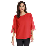 GRACE KARIN Blouse Femme Casual Chemisier décontracté Col Rond 3/4 Mancehs Cape avec Fente Tops en Mousseline de Soie léger été Rouge-a M CLAF0015-15